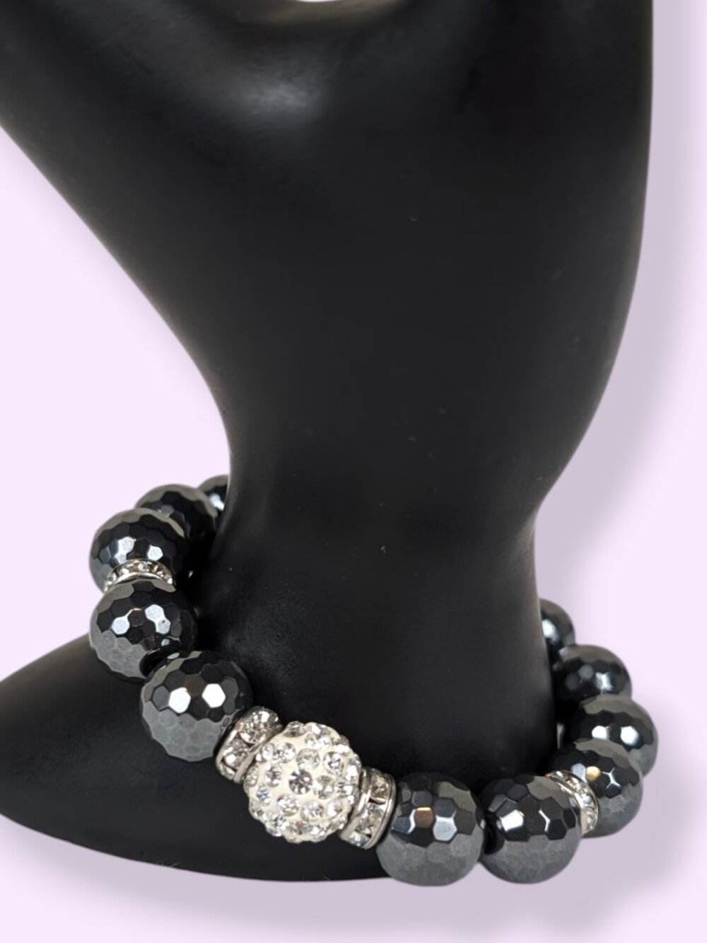 Faceted Hematite & White Rhinestone Stretch Bracelet